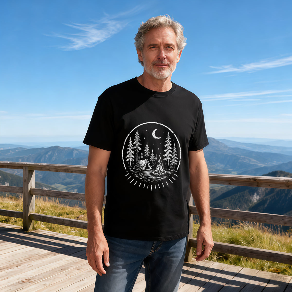 Men's Premium Cotton Howling Wolf Moon Forest Graphic Tee Casual Short Sleeve T-Shirt