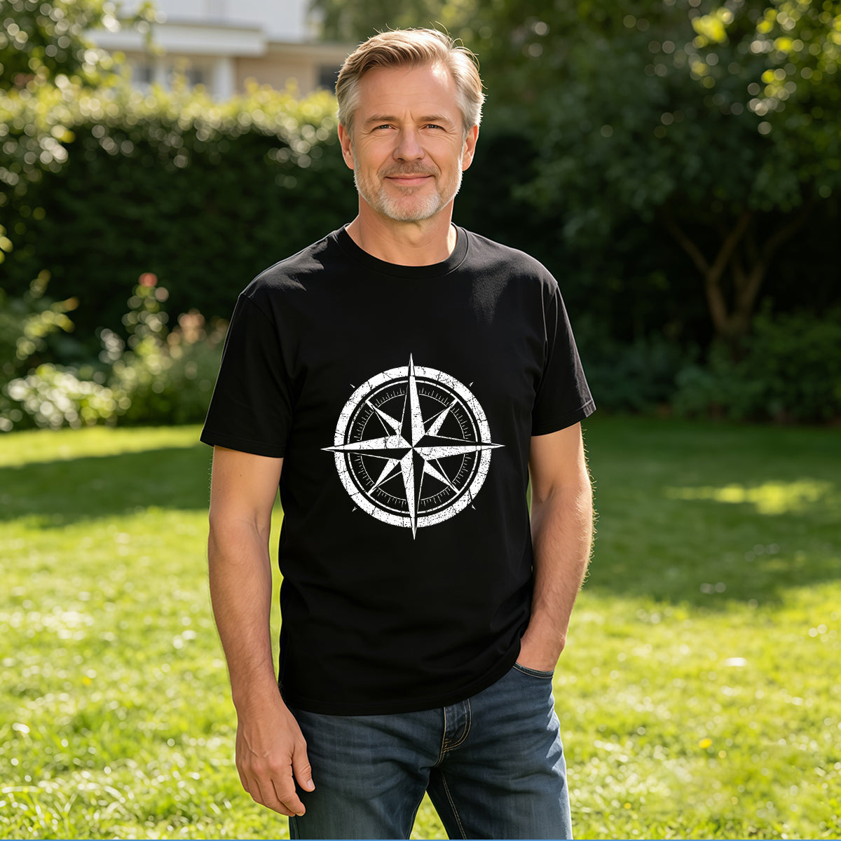 Men's Cotton Vintage Compass Rose Graphic Crew Neck T-Shirt for Outdoor Adventure Travel