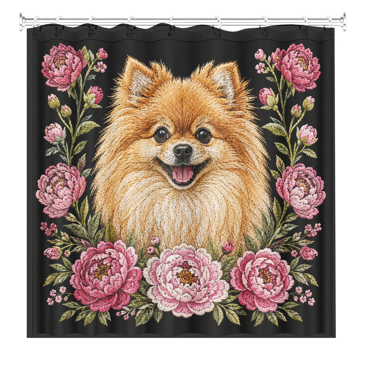 Floral Dog Cat Shower Curtain Vintage Embroidery Style Waterproof Decor