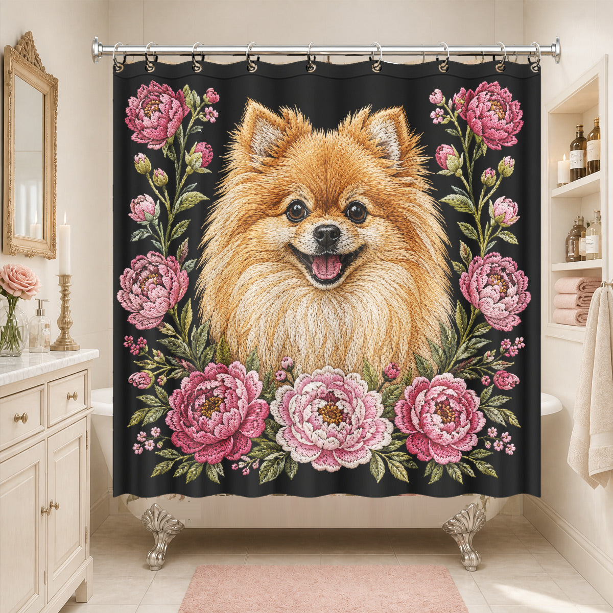 Floral Dog Cat Shower Curtain Vintage Embroidery Style Waterproof Decor