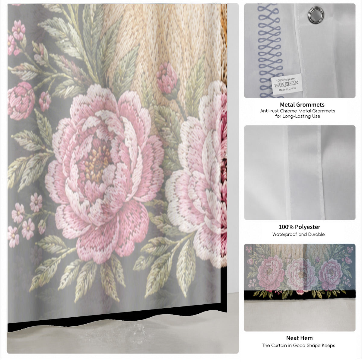 Floral Dog Cat Shower Curtain Vintage Embroidery Style Waterproof Decor
