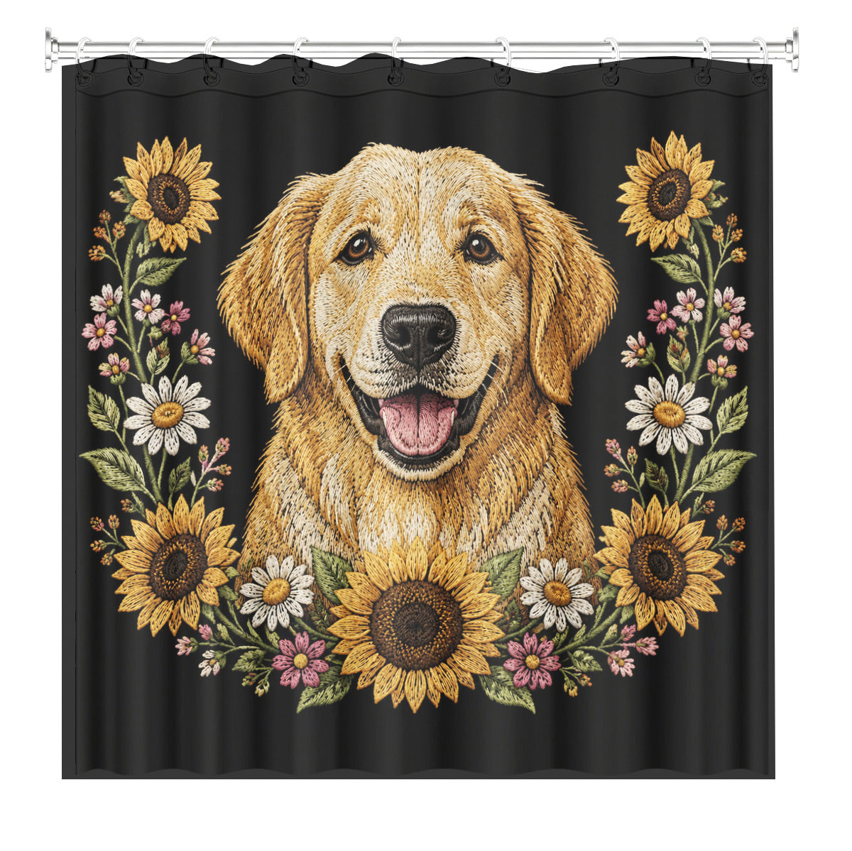Floral Dog Cat Shower Curtain Vintage Embroidery Style Waterproof Decor