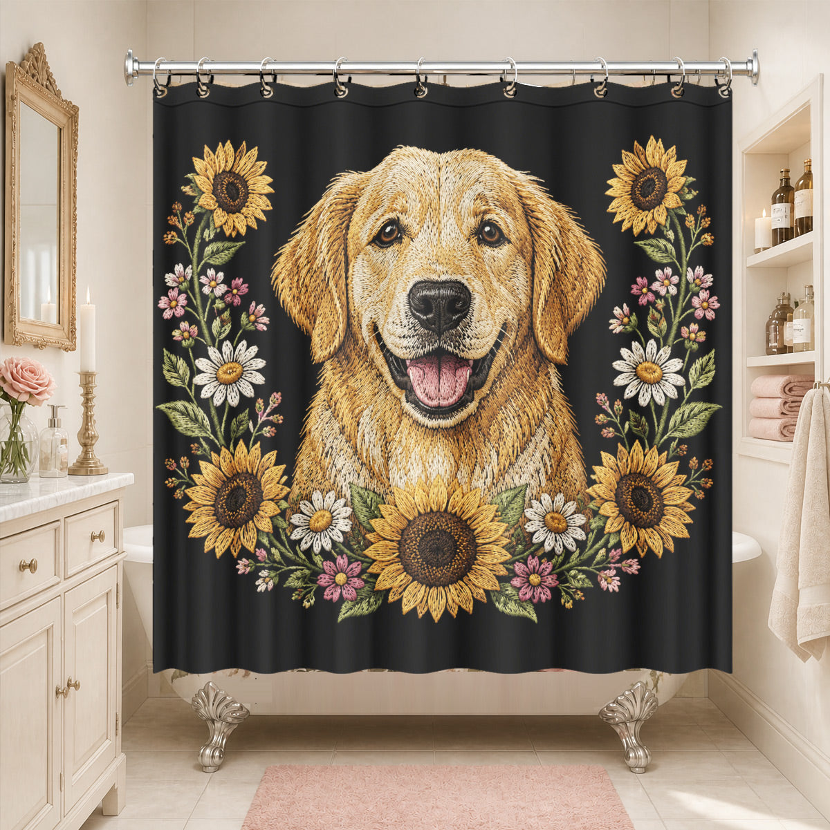 Floral Dog Cat Shower Curtain Vintage Embroidery Style Waterproof Decor