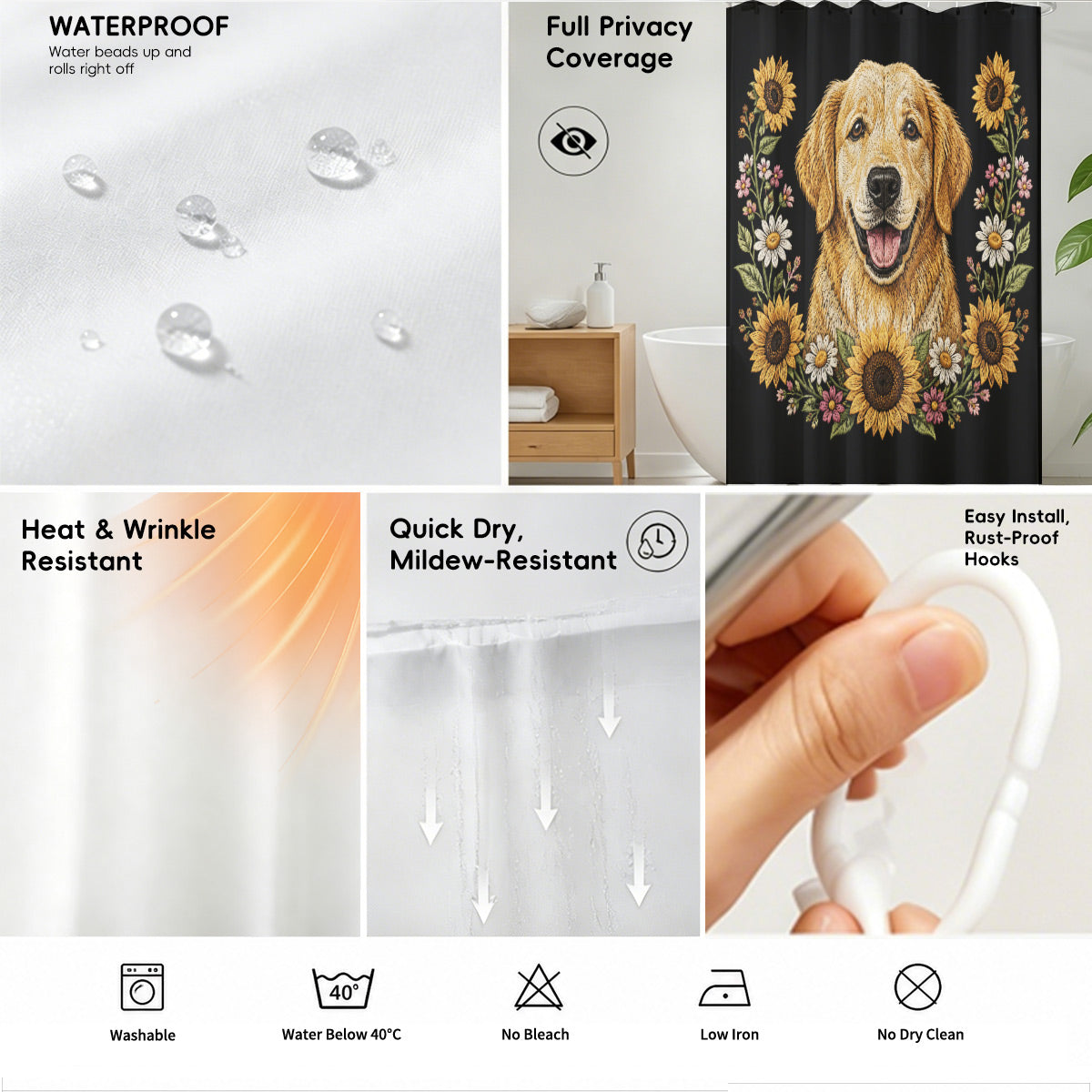 Floral Dog Cat Shower Curtain Vintage Embroidery Style Waterproof Decor