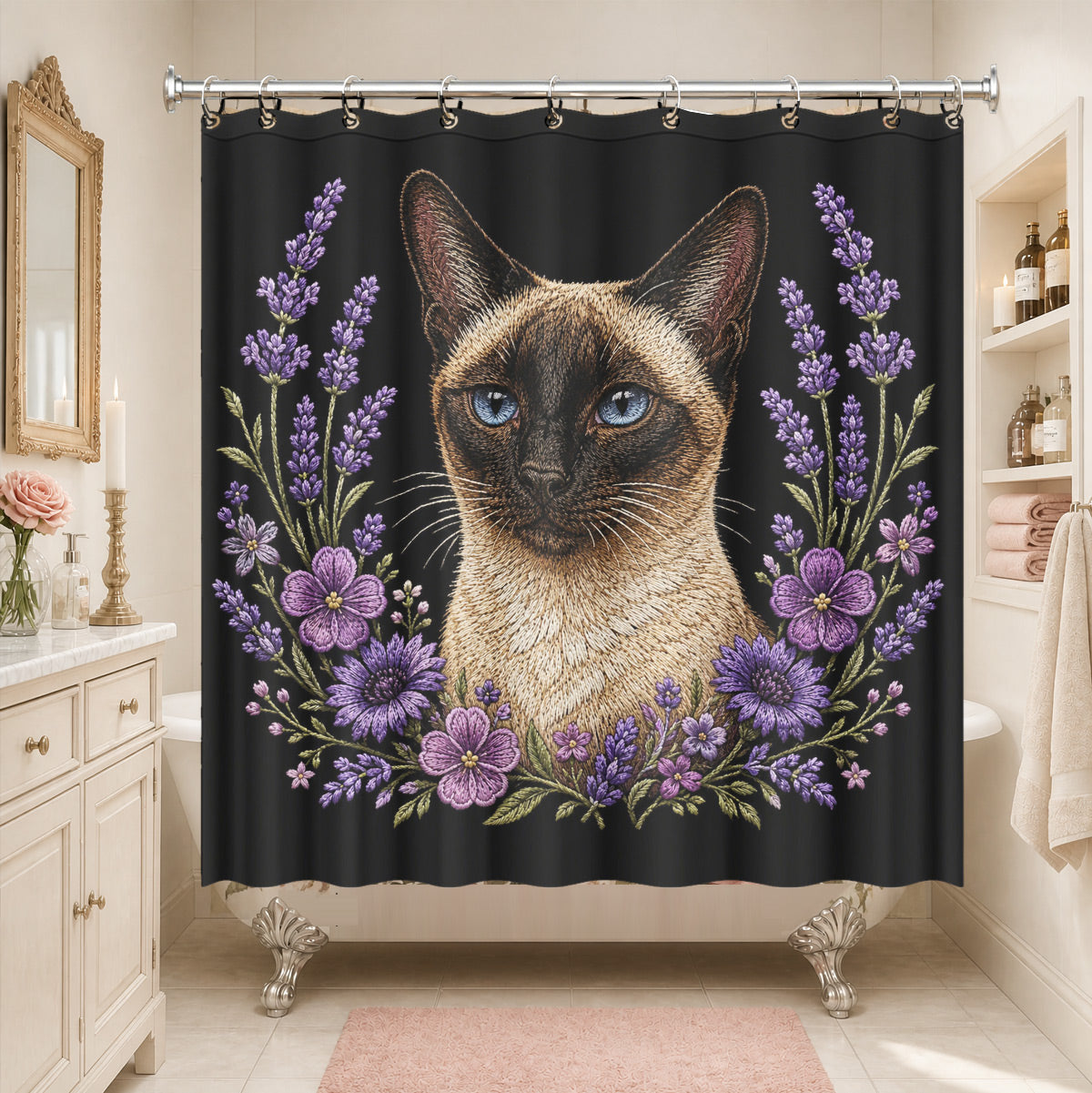 Floral Dog Cat Shower Curtain Vintage Embroidery Style Waterproof Decor