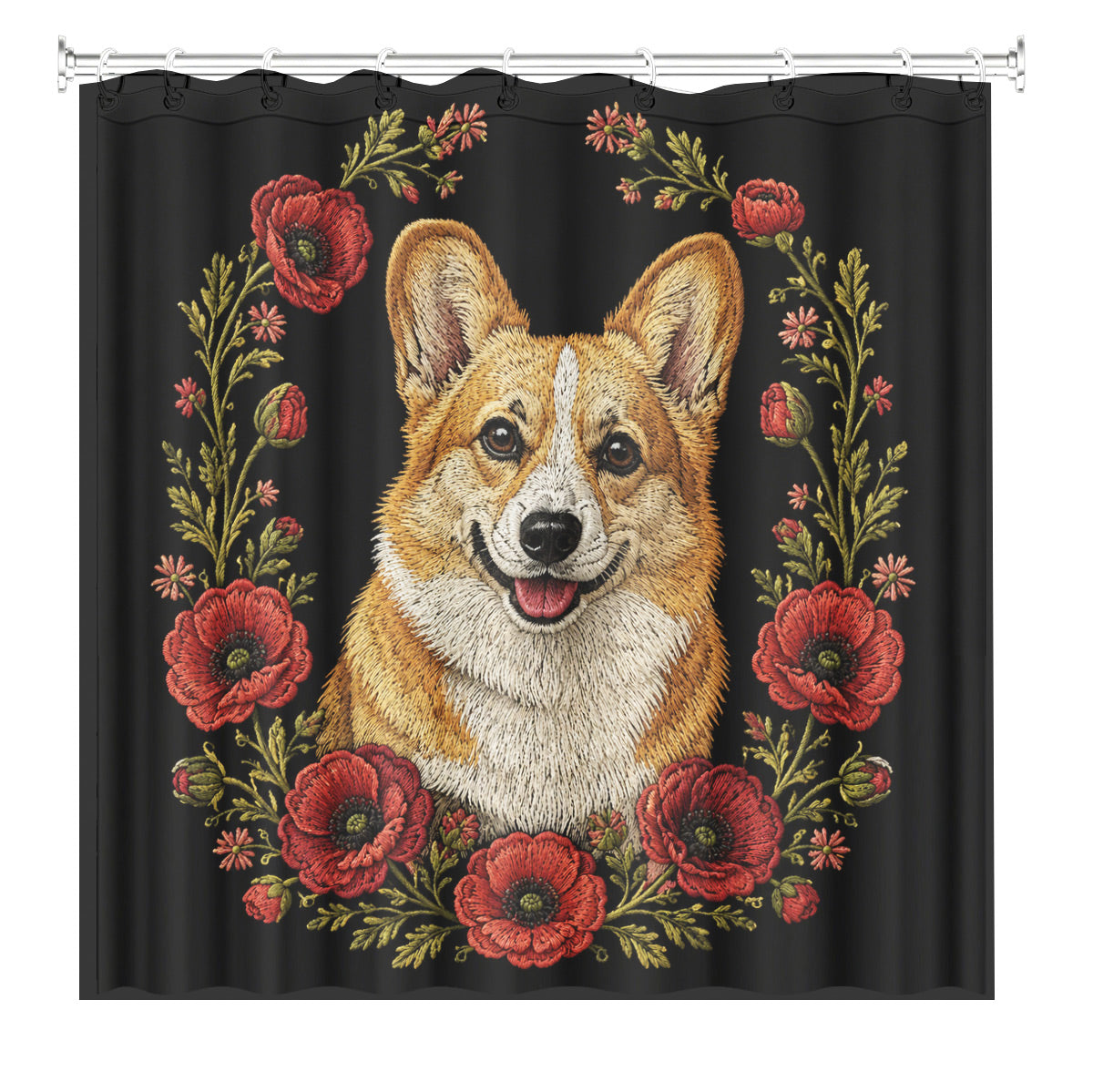 Floral Dog Cat Shower Curtain Vintage Embroidery Style Waterproof Decor