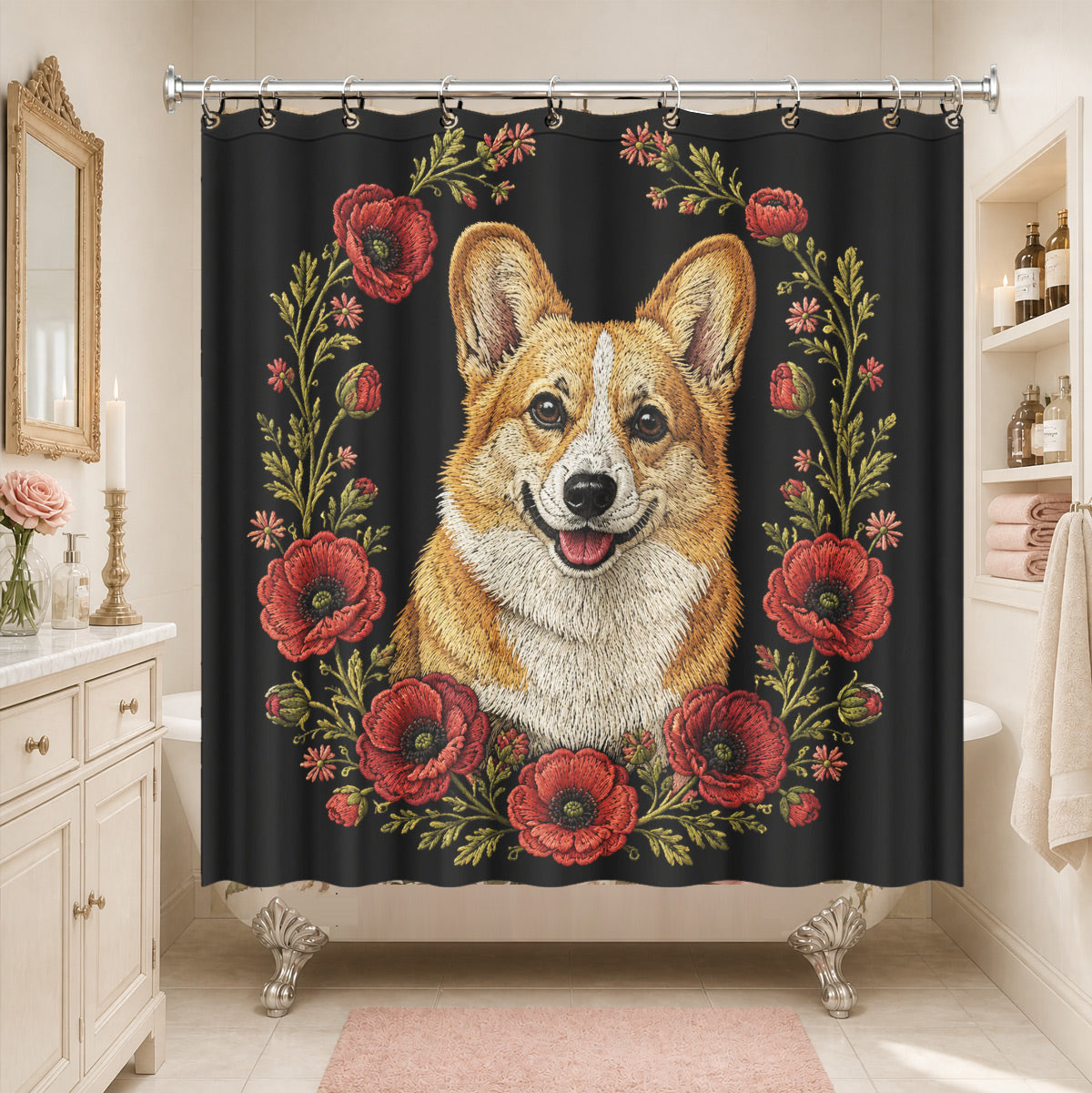 Floral Dog Cat Shower Curtain Vintage Embroidery Style Waterproof Decor