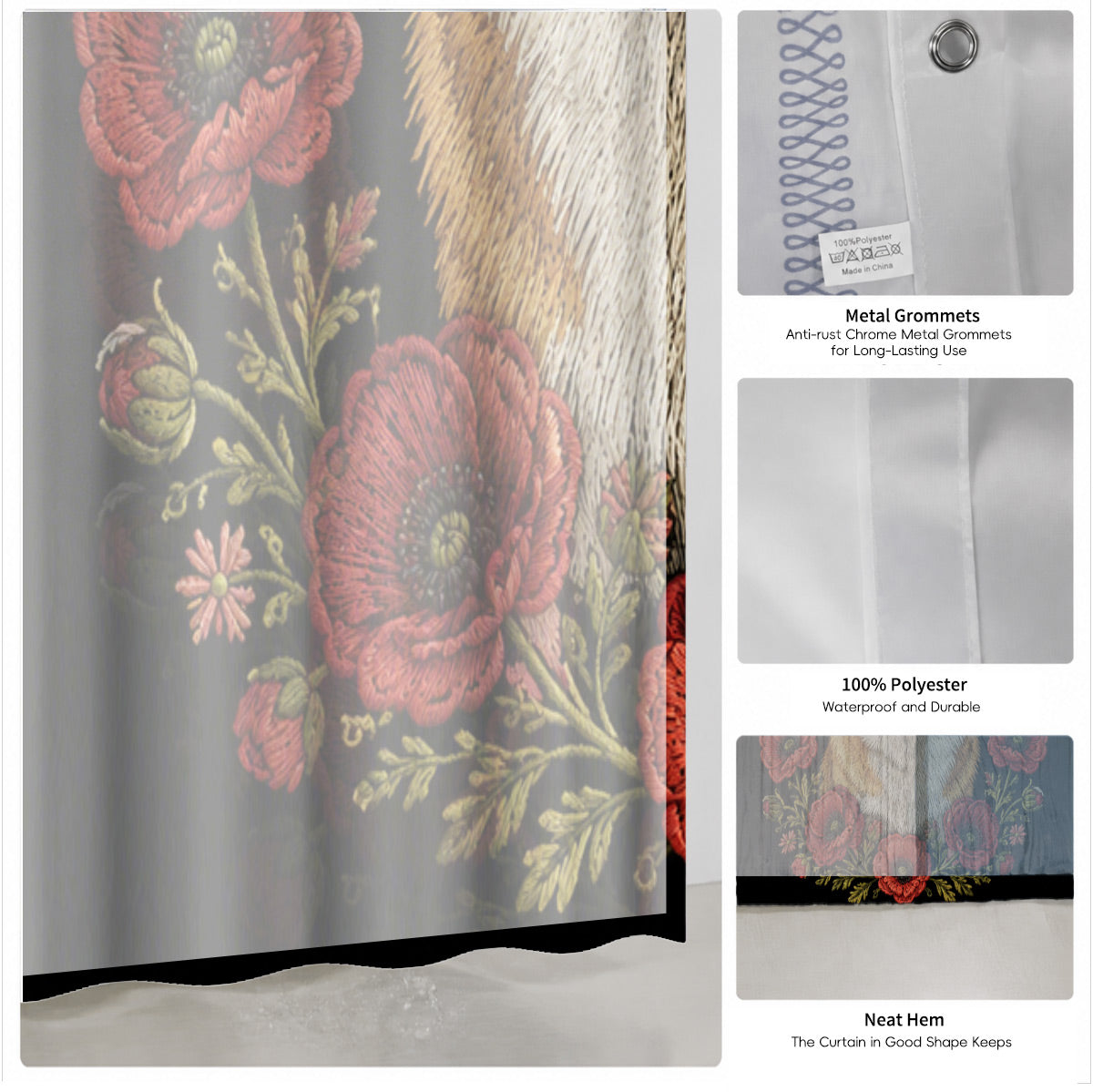 Floral Dog Cat Shower Curtain Vintage Embroidery Style Waterproof Decor