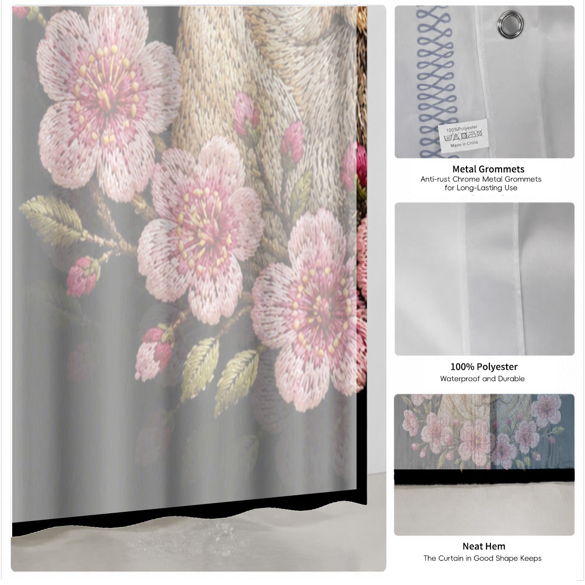 Floral Dog Cat Shower Curtain Vintage Embroidery Style Waterproof Decor