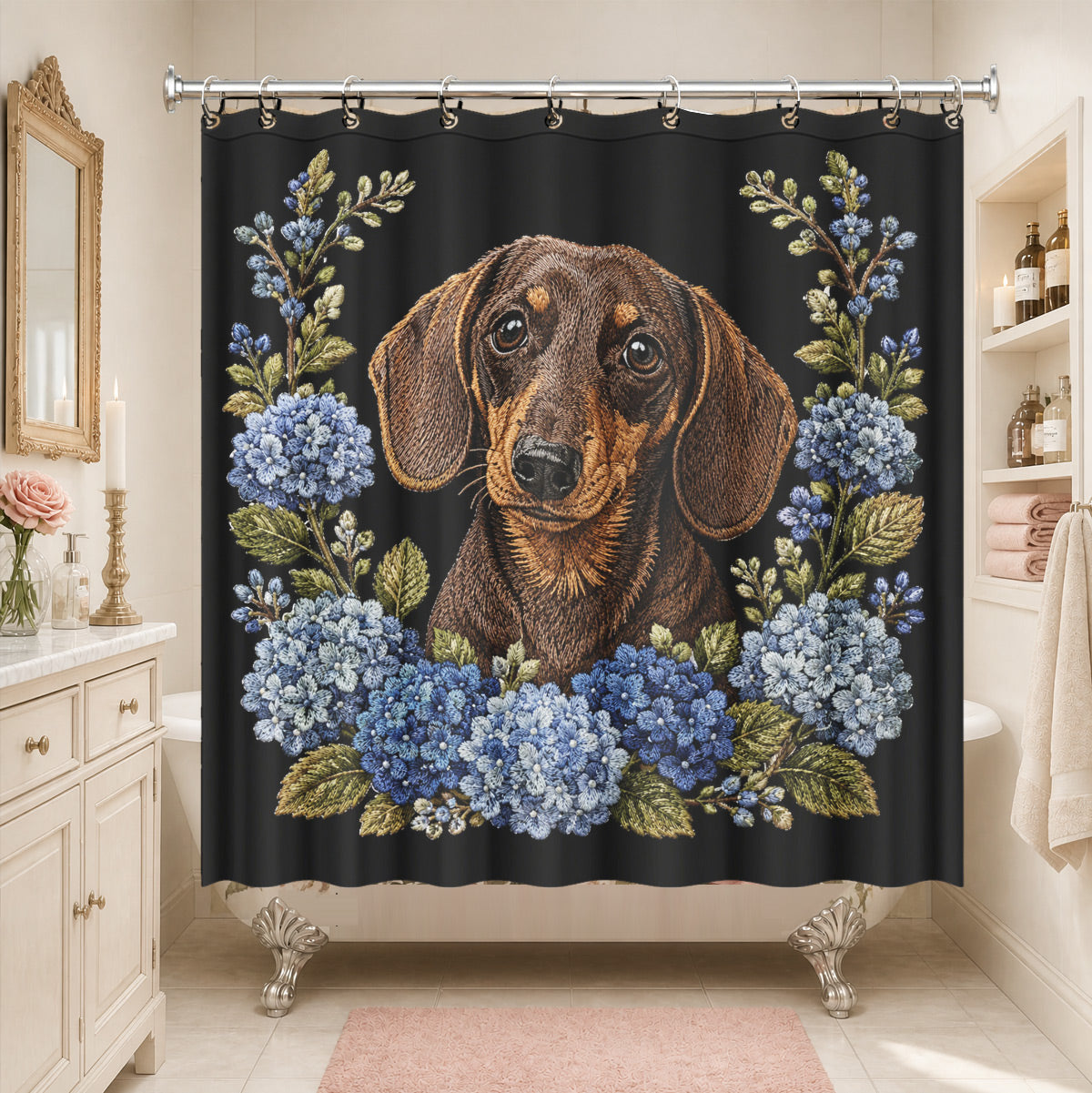 Floral Dog Cat Shower Curtain Vintage Embroidery Style Waterproof Decor