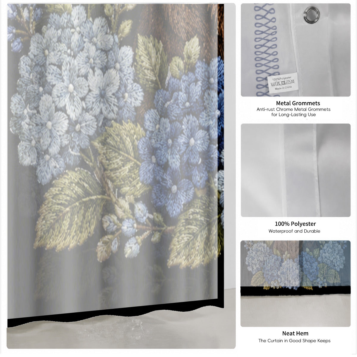 Floral Dog Cat Shower Curtain Vintage Embroidery Style Waterproof Decor