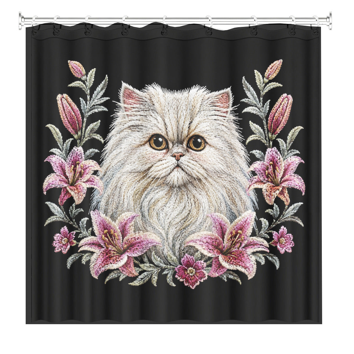 Floral Dog Cat Shower Curtain Vintage Embroidery Style Waterproof Decor