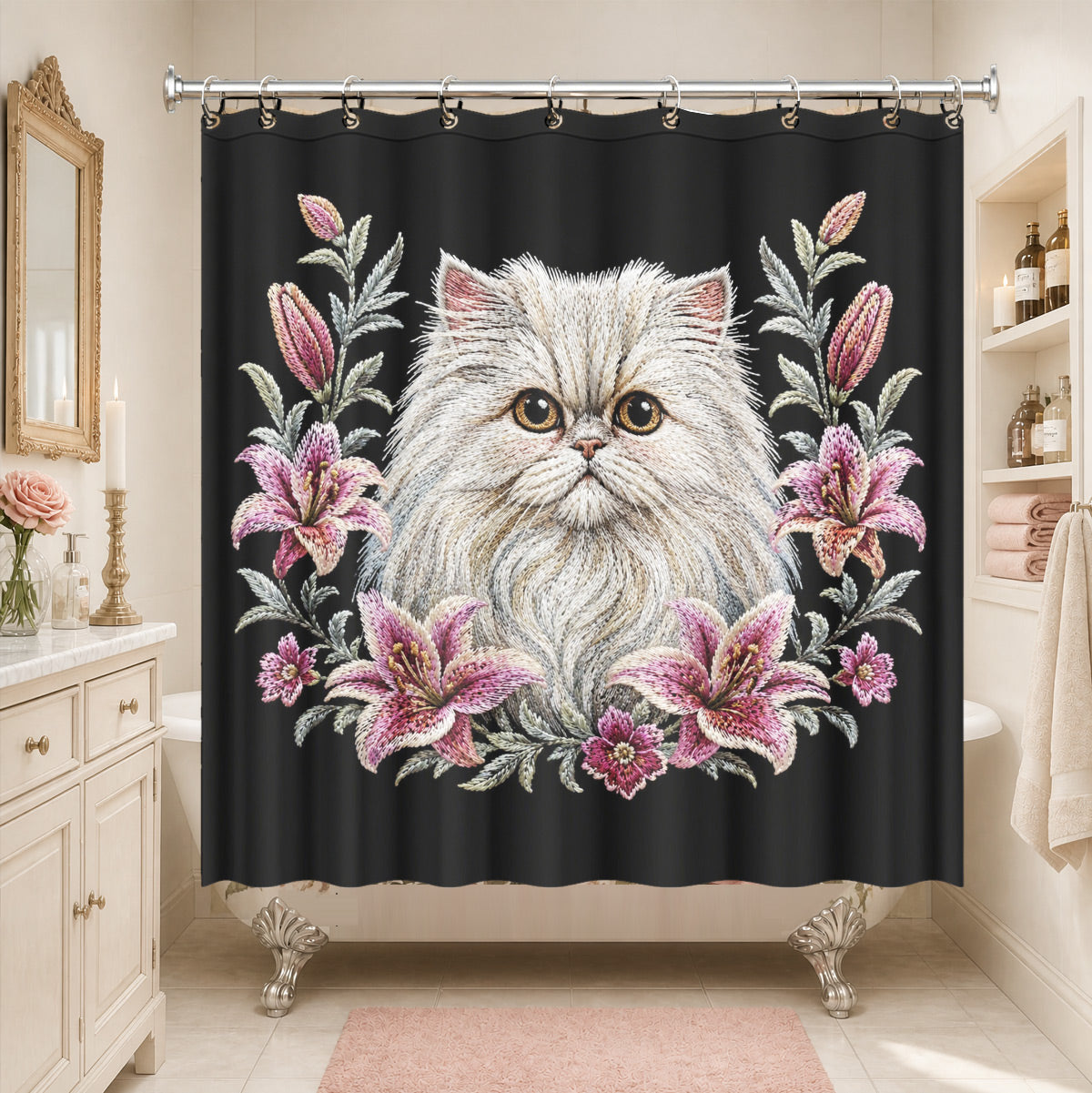 Floral Dog Cat Shower Curtain Vintage Embroidery Style Waterproof Decor