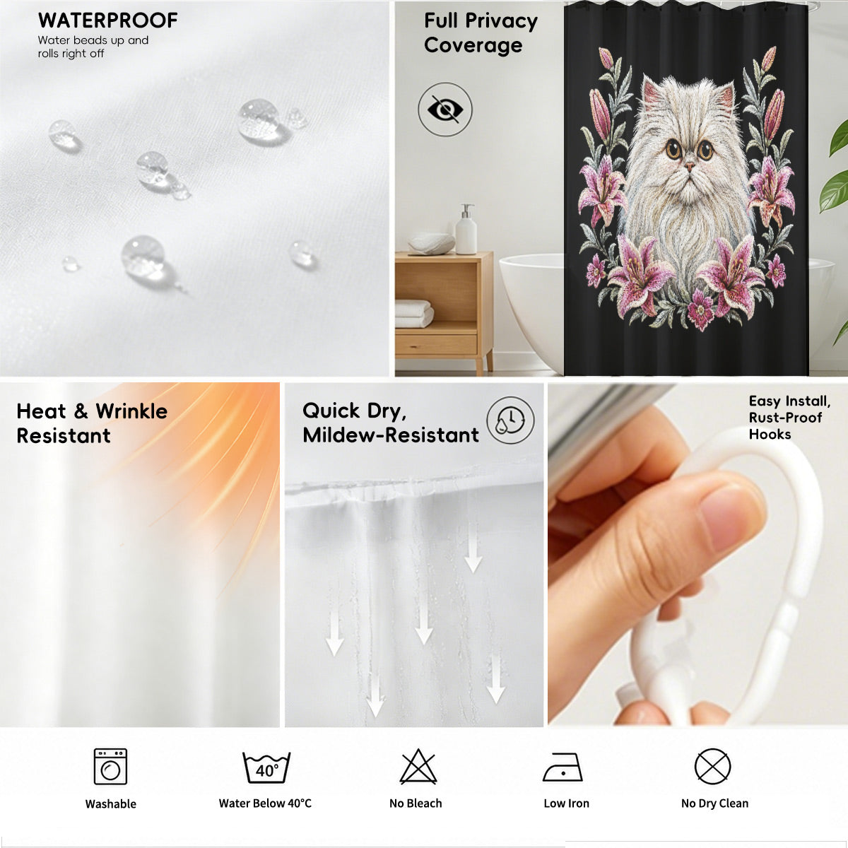 Floral Dog Cat Shower Curtain Vintage Embroidery Style Waterproof Decor