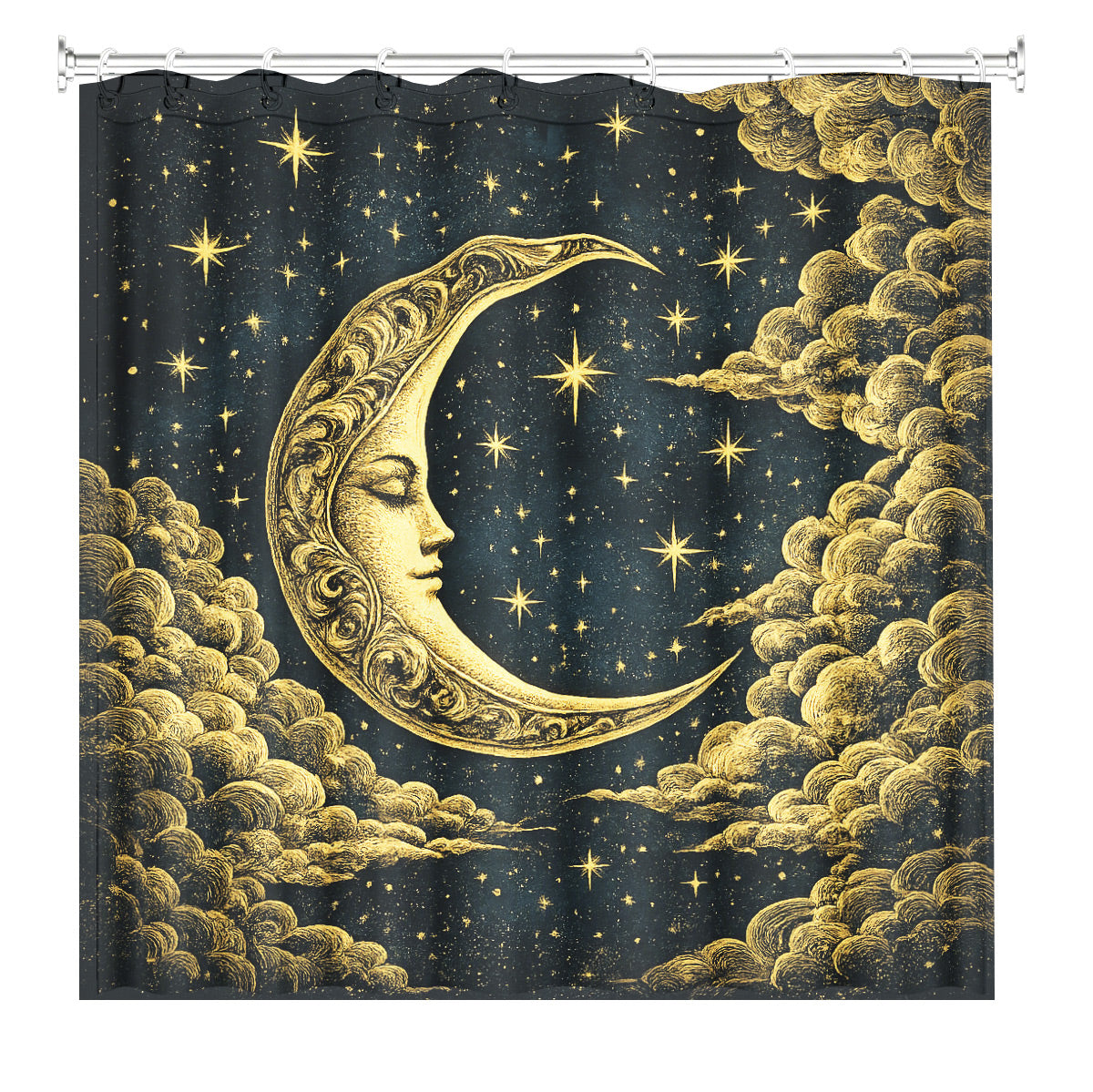 Vintage Celestial Shower Curtain Gold Black Etched Art Waterproof Bathroom Decor