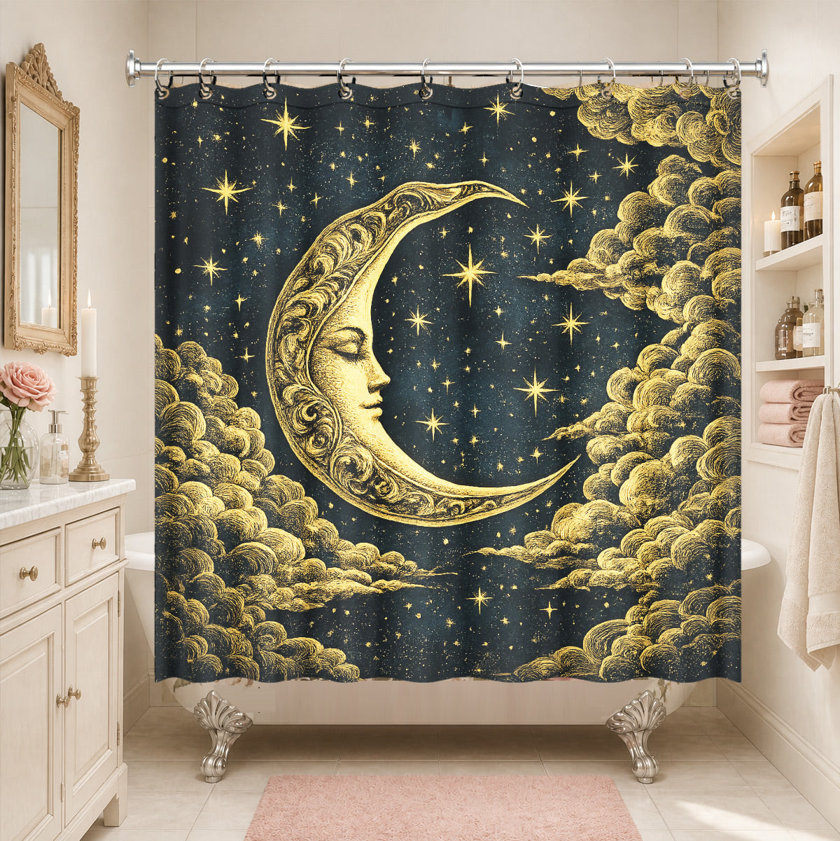 Vintage Celestial Shower Curtain Gold Black Etched Art Waterproof Bathroom Decor
