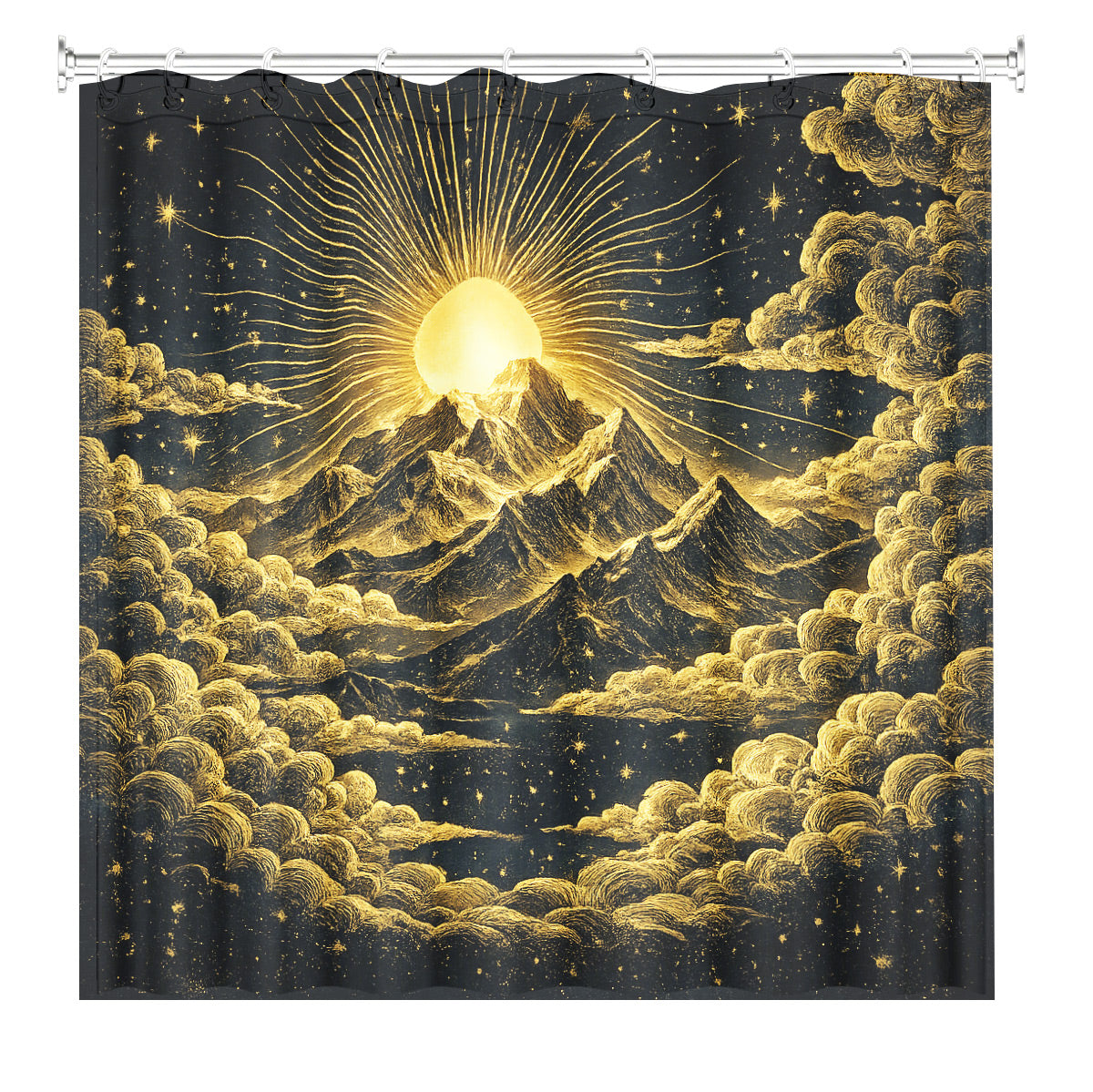 Vintage Celestial Shower Curtain Gold Black Etched Art Waterproof Bathroom Decor
