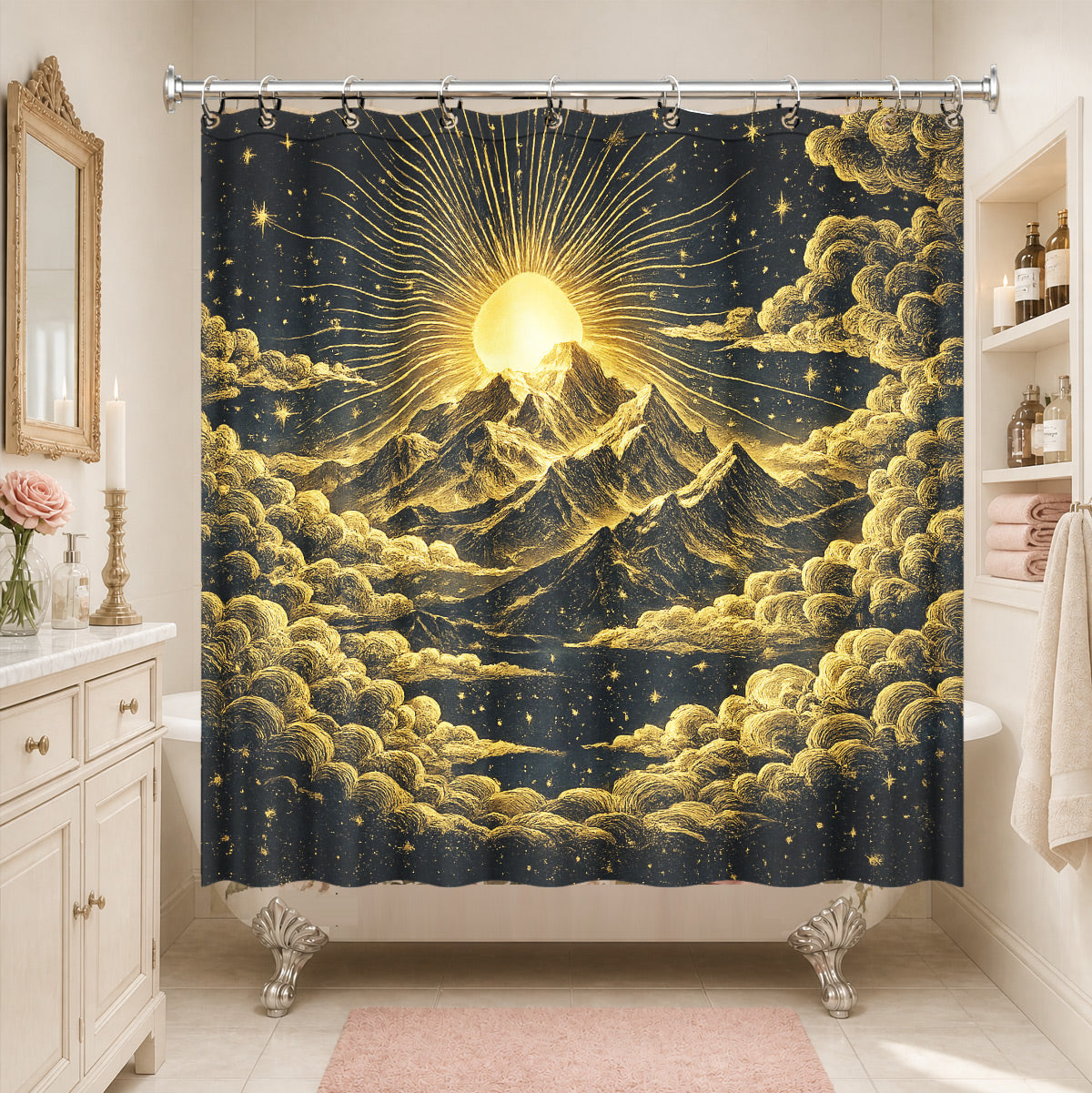 Vintage Celestial Shower Curtain Gold Black Etched Art Waterproof Bathroom Decor
