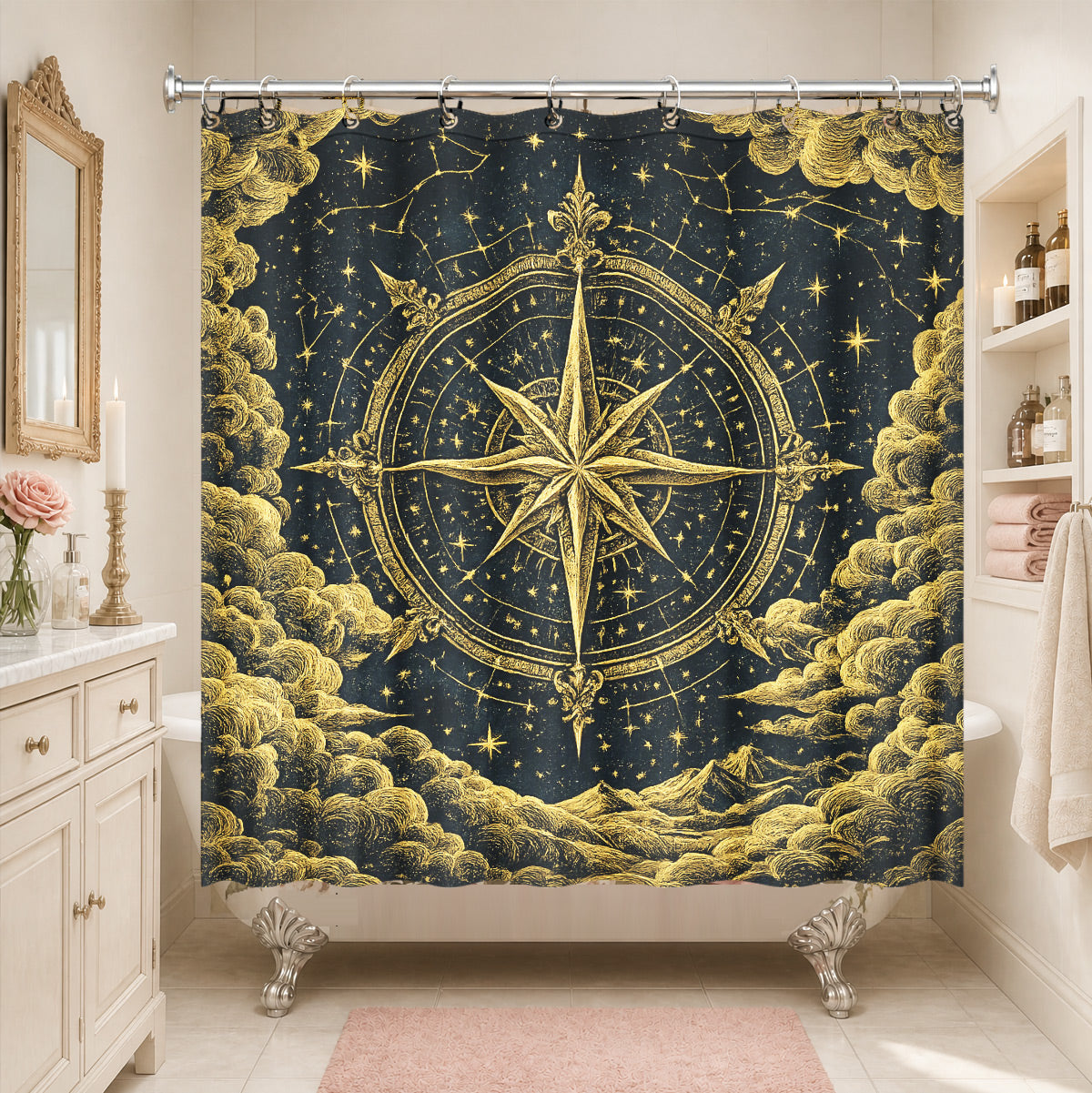 Vintage Celestial Shower Curtain Gold Black Etched Art Waterproof Bathroom Decor