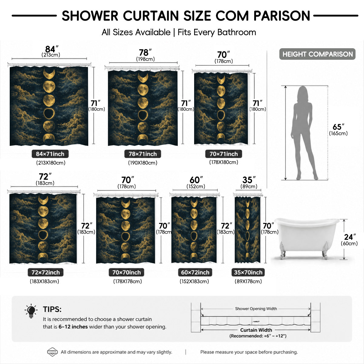 Vintage Celestial Shower Curtain Gold Black Etched Art Waterproof Bathroom Decor
