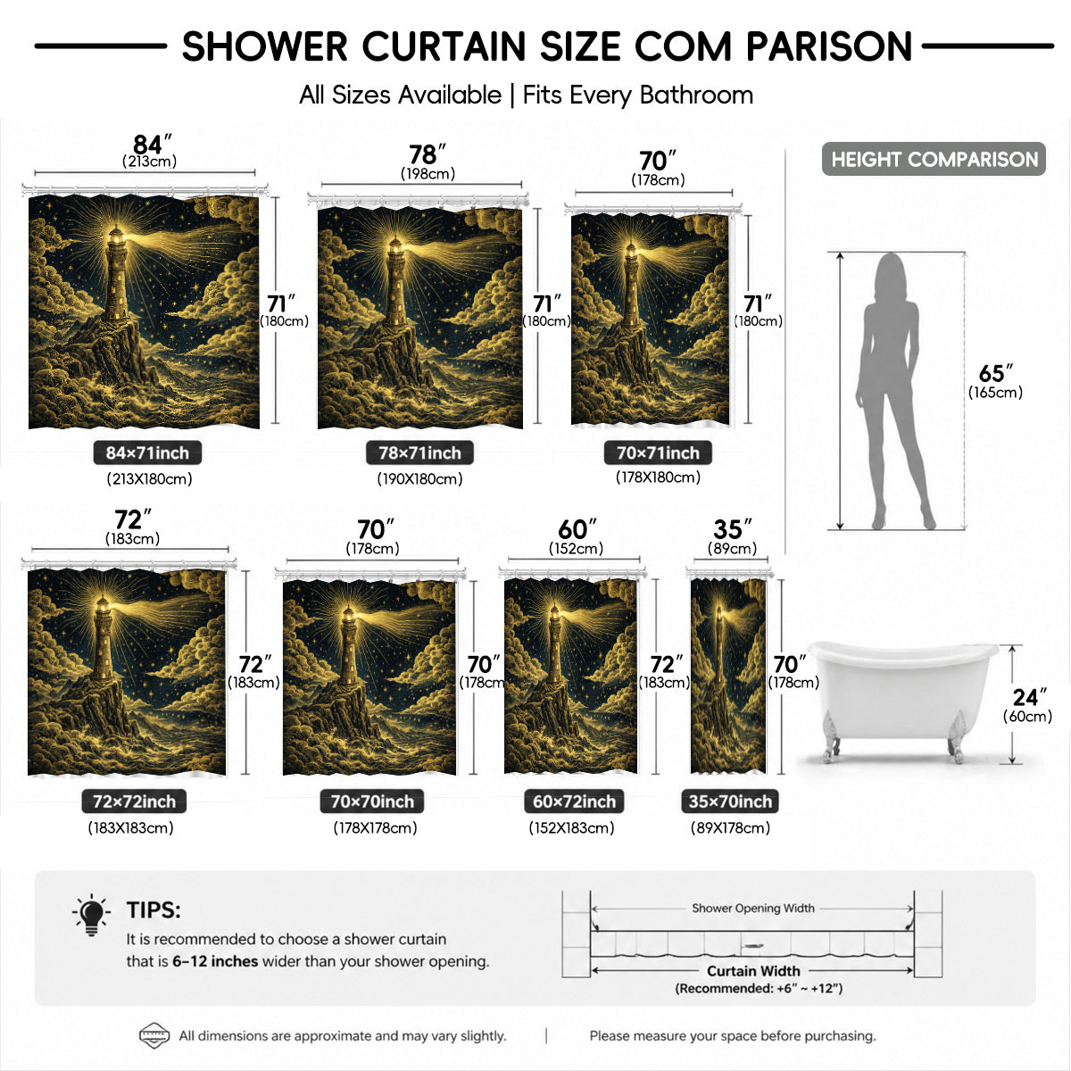 Vintage Celestial Shower Curtain Gold Black Etched Art Waterproof Bathroom Decor