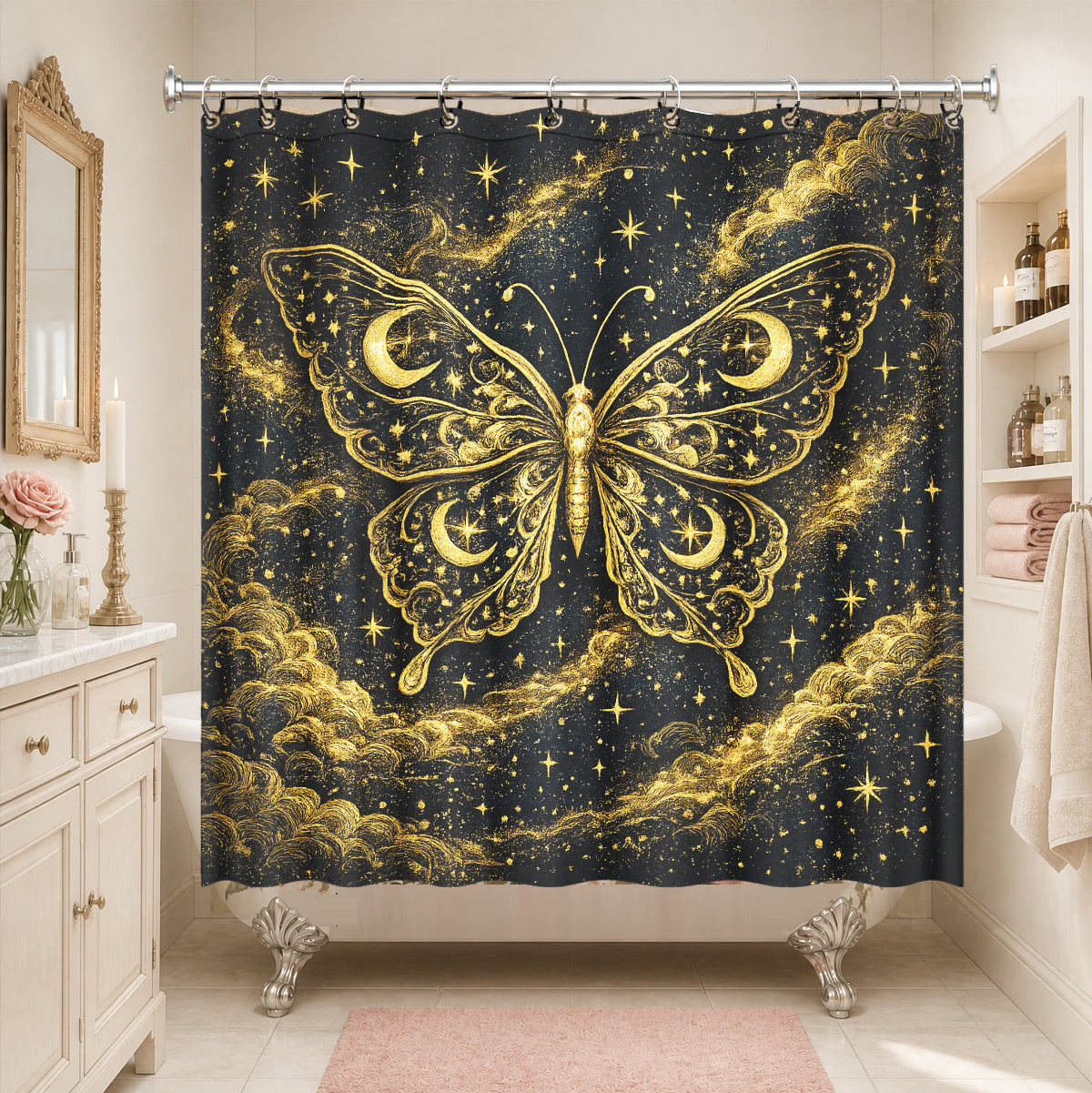 Vintage Celestial Shower Curtain Gold Black Etched Art Waterproof Bathroom Decor
