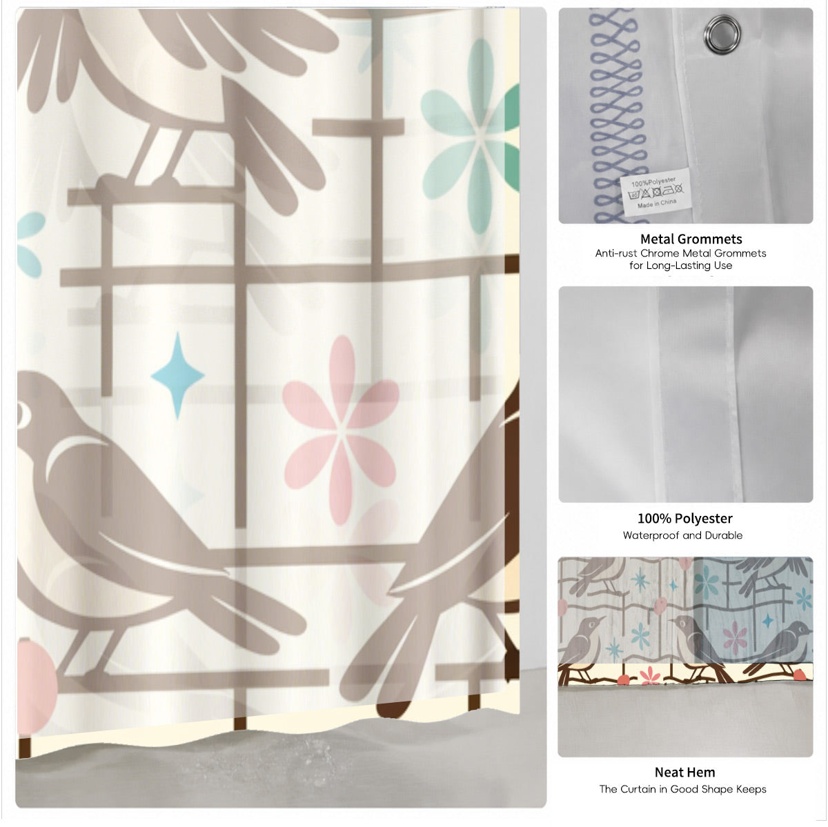 Vintage Geometric Bird Dog Shower Curtain Retro Cartoon Waterproof Bathroom Decor