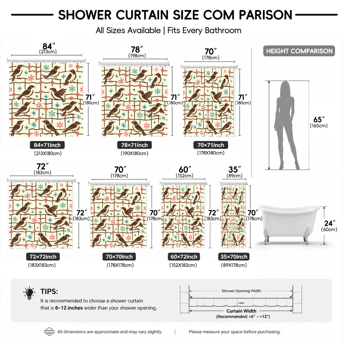 Vintage Geometric Bird Dog Shower Curtain Retro Cartoon Waterproof Bathroom Decor