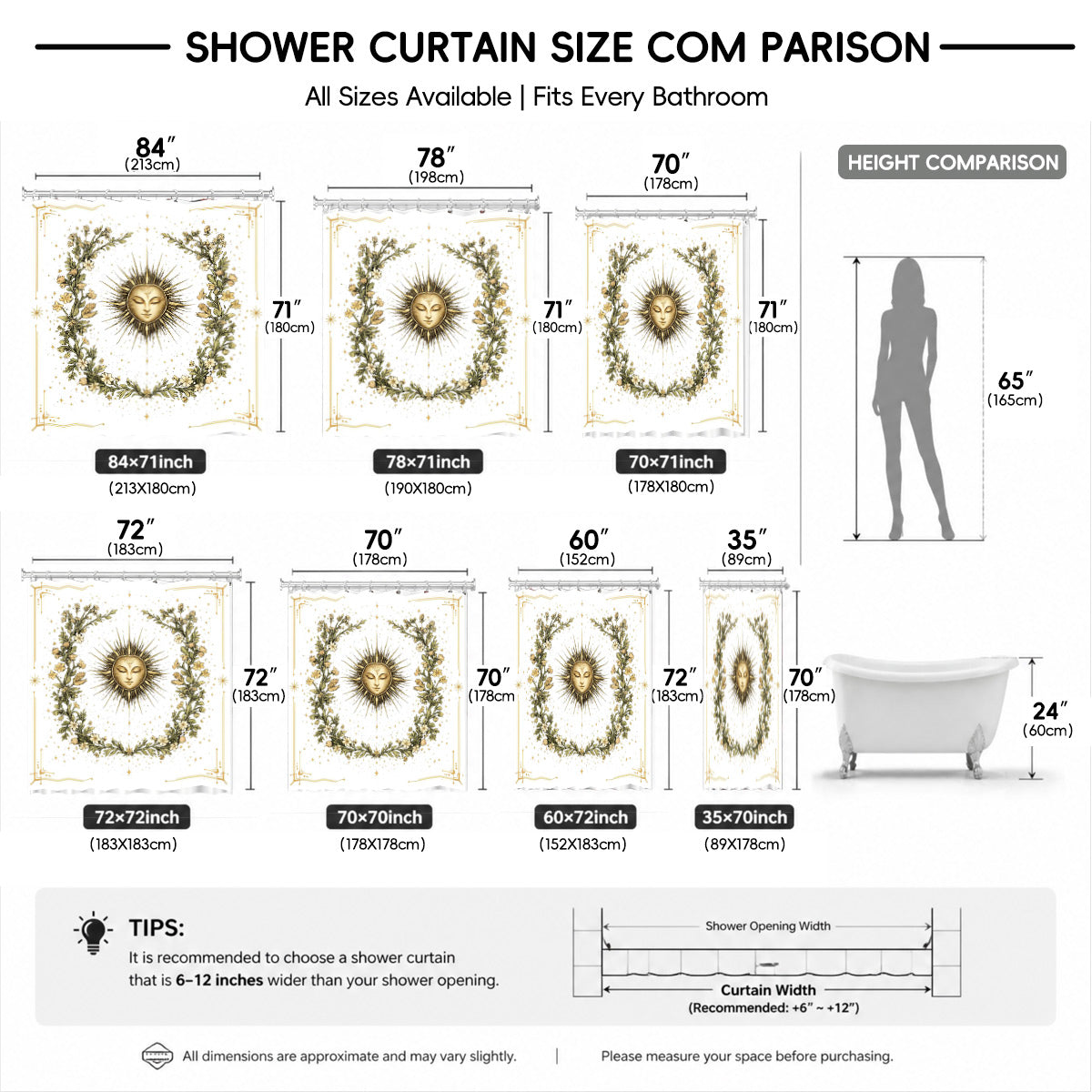 Vintage Celestial Sun Moon Shower Curtain Etched Art Waterproof Home Decor Gift