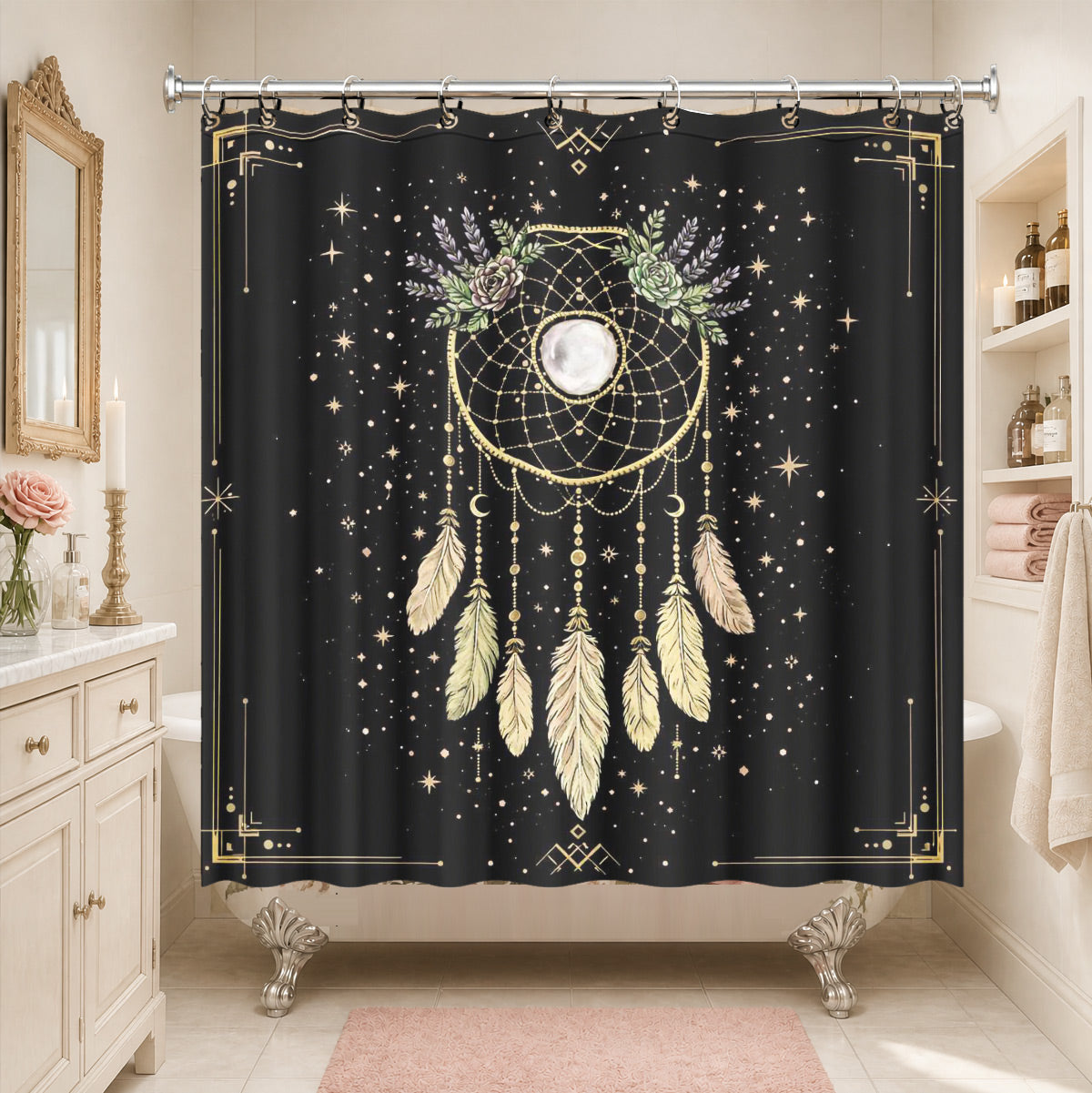 Vintage Celestial Sun Moon Shower Curtain Etched Art Waterproof Home Decor Gift