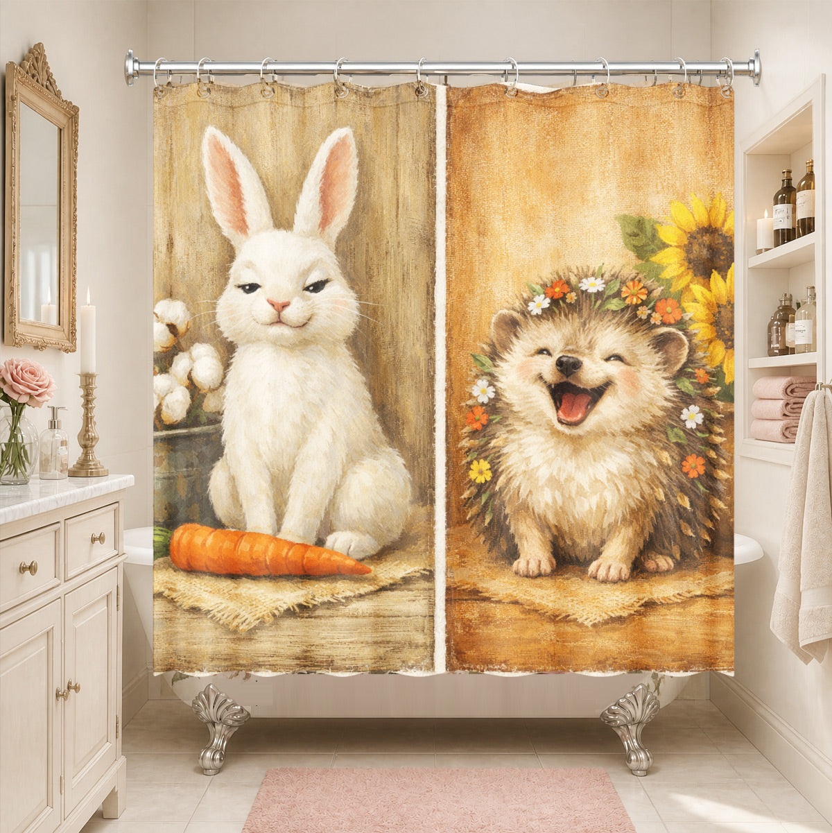 Rustic Farm Animal Shower Curtain Vintage Oil Painting Style Waterproof Bathroom Decor