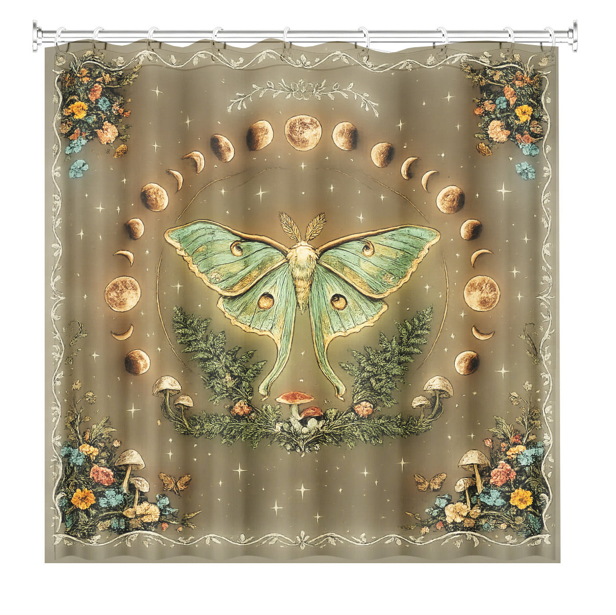 Vintage Etched Celestial Shower Curtain Mystical Botanical Waterproof Home Decor