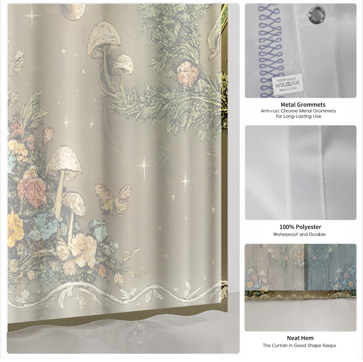 Vintage Etched Celestial Shower Curtain Mystical Botanical Waterproof Home Decor