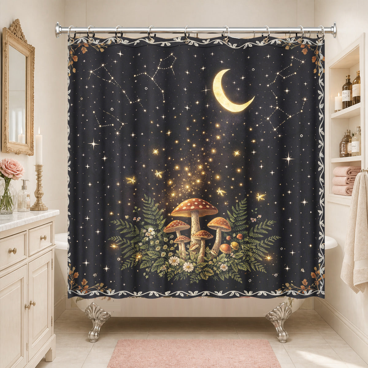 Vintage Etched Celestial Shower Curtain Mystical Botanical Waterproof Home Decor