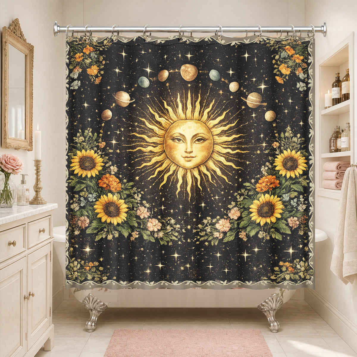 Vintage Etched Celestial Shower Curtain Mystical Botanical Waterproof Home Decor