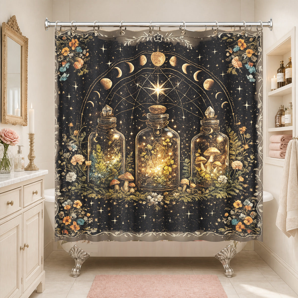Vintage Etched Celestial Shower Curtain Mystical Botanical Waterproof Home Decor