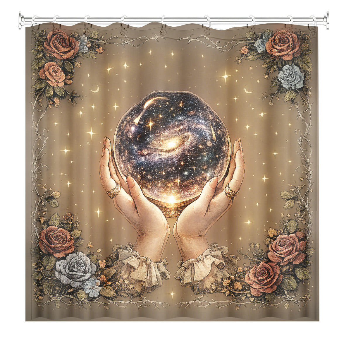 Vintage Etched Celestial Shower Curtain Mystical Botanical Waterproof Home Decor