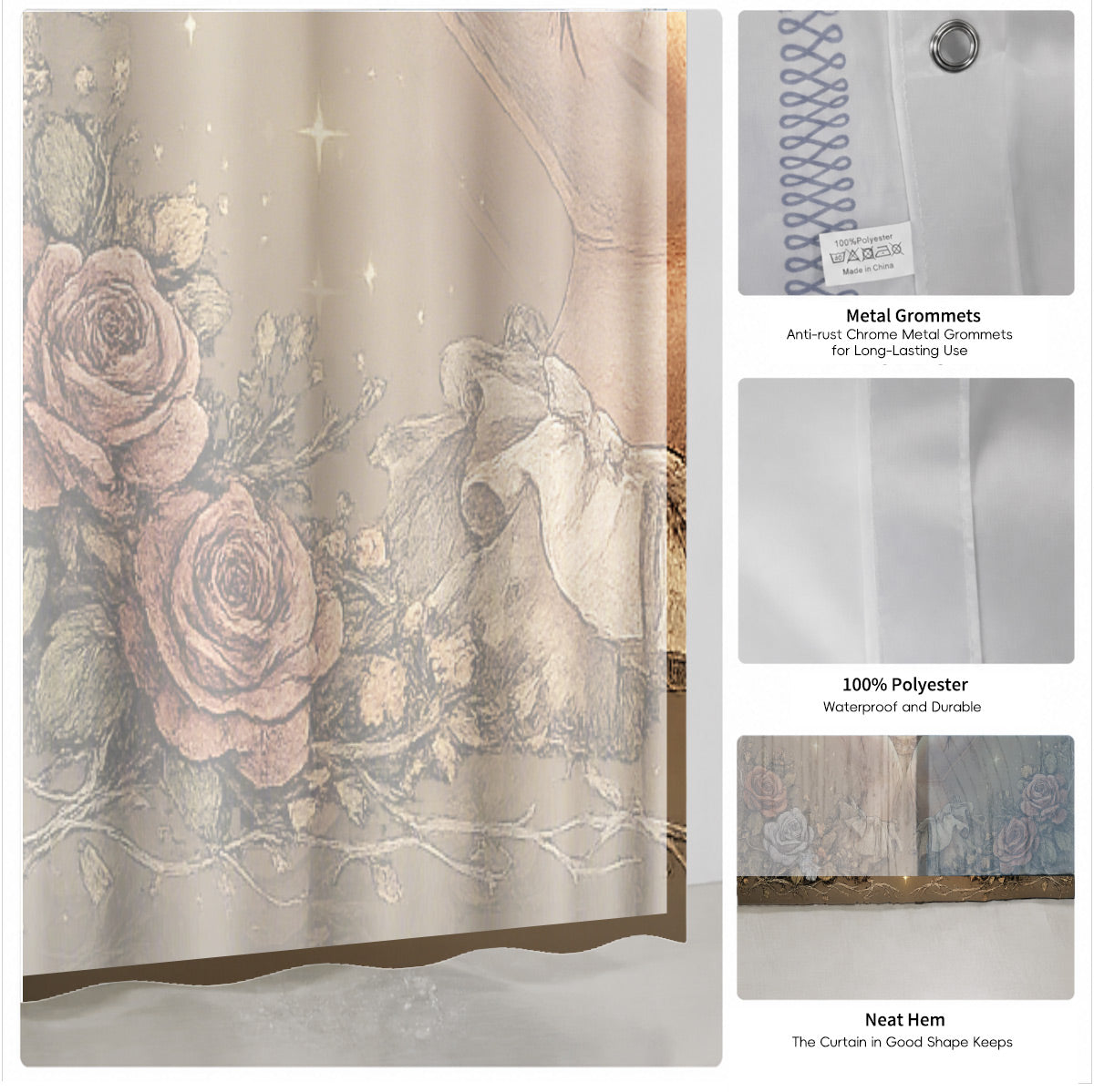 Vintage Etched Celestial Shower Curtain Mystical Botanical Waterproof Home Decor