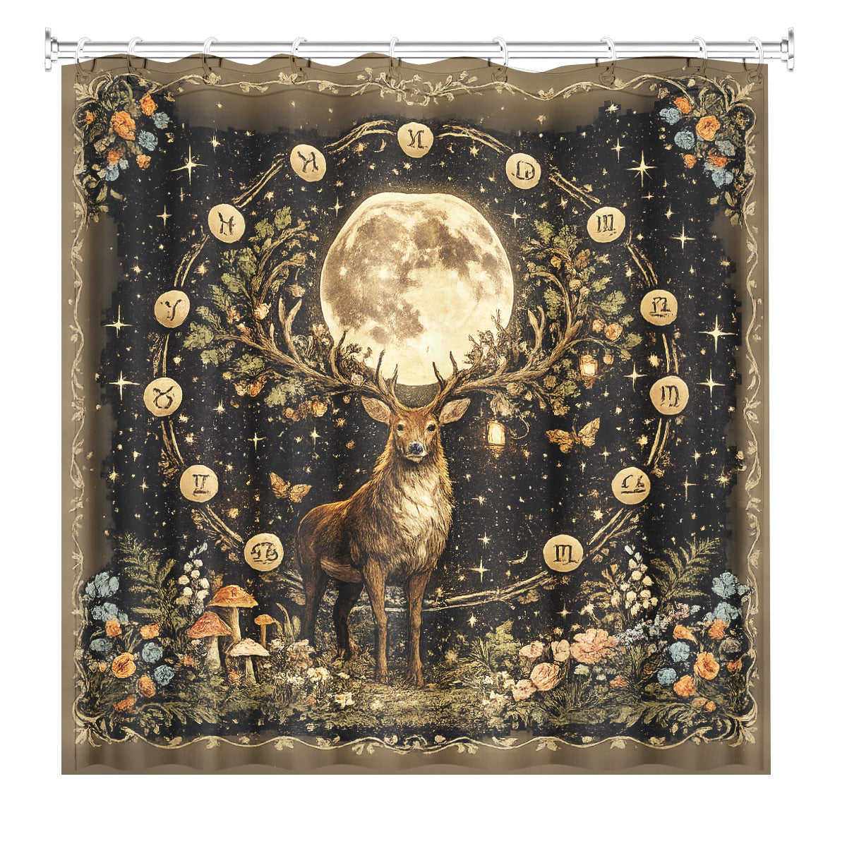 Vintage Etched Celestial Shower Curtain Mystical Botanical Waterproof Home Decor