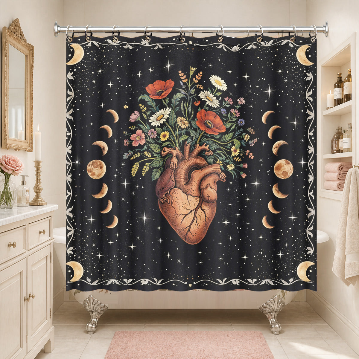 Vintage Etched Celestial Shower Curtain Mystical Botanical Waterproof Home Decor
