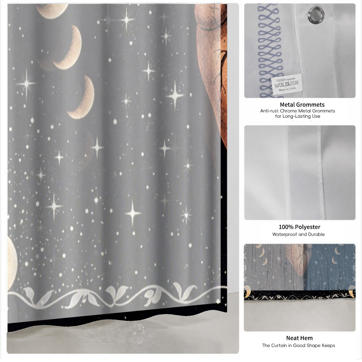 Vintage Etched Celestial Shower Curtain Mystical Botanical Waterproof Home Decor