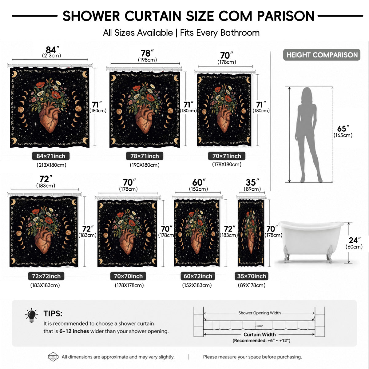 Vintage Etched Celestial Shower Curtain Mystical Botanical Waterproof Home Decor