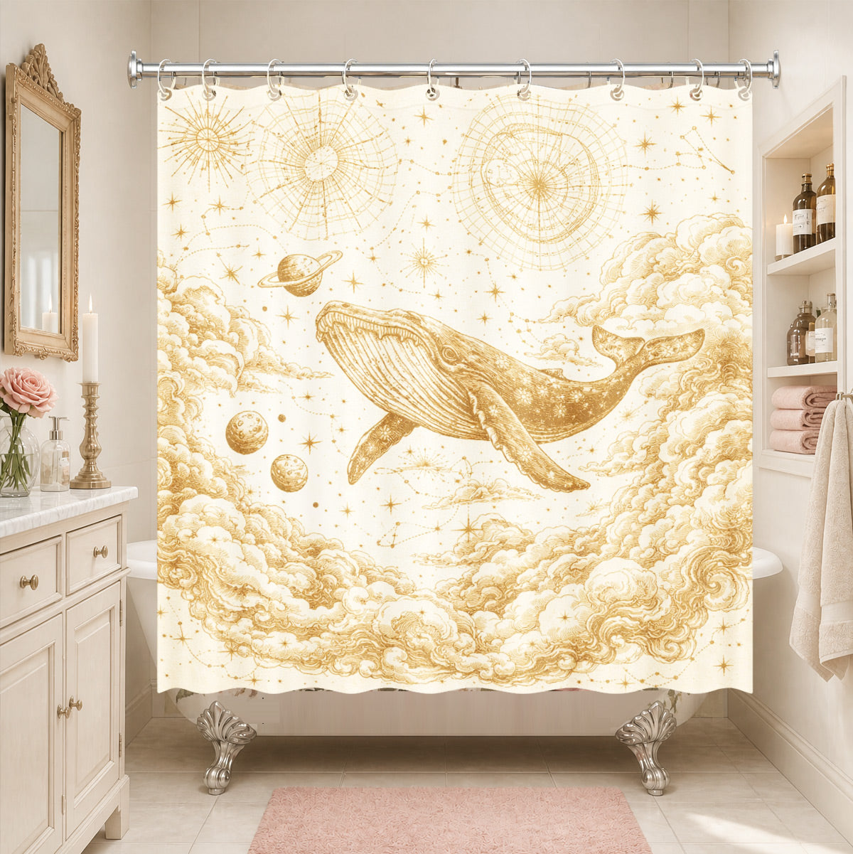 Vintage Space Whale Shower Curtain Etched Astrology Art Waterproof Bathroom Decor