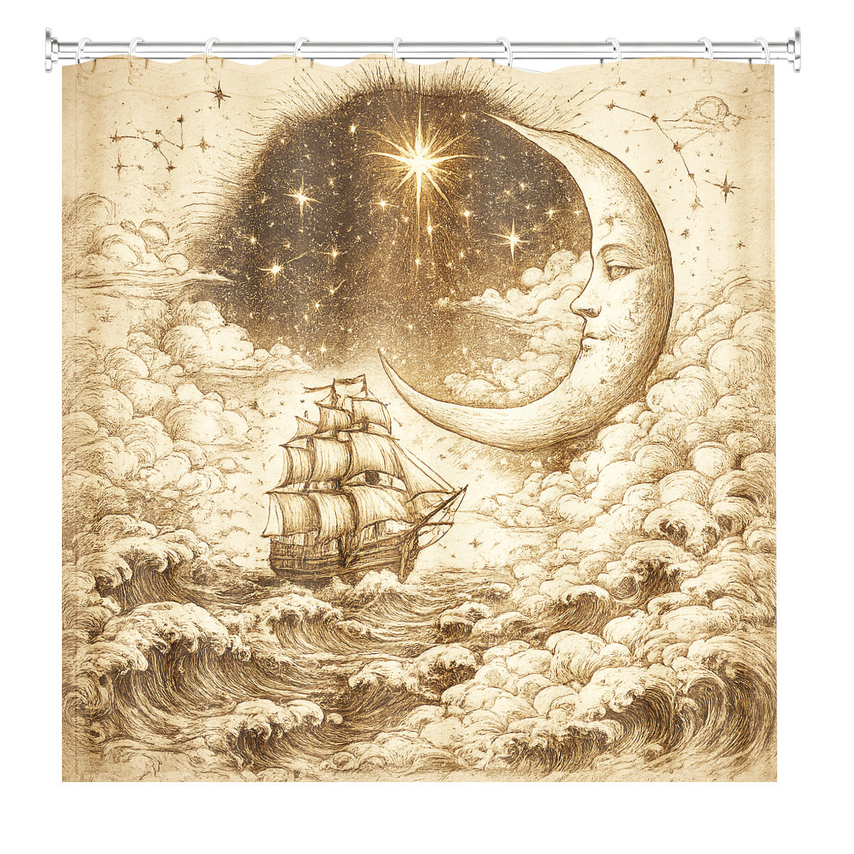 Vintage Space Whale Shower Curtain Etched Astrology Art Waterproof Bathroom Decor