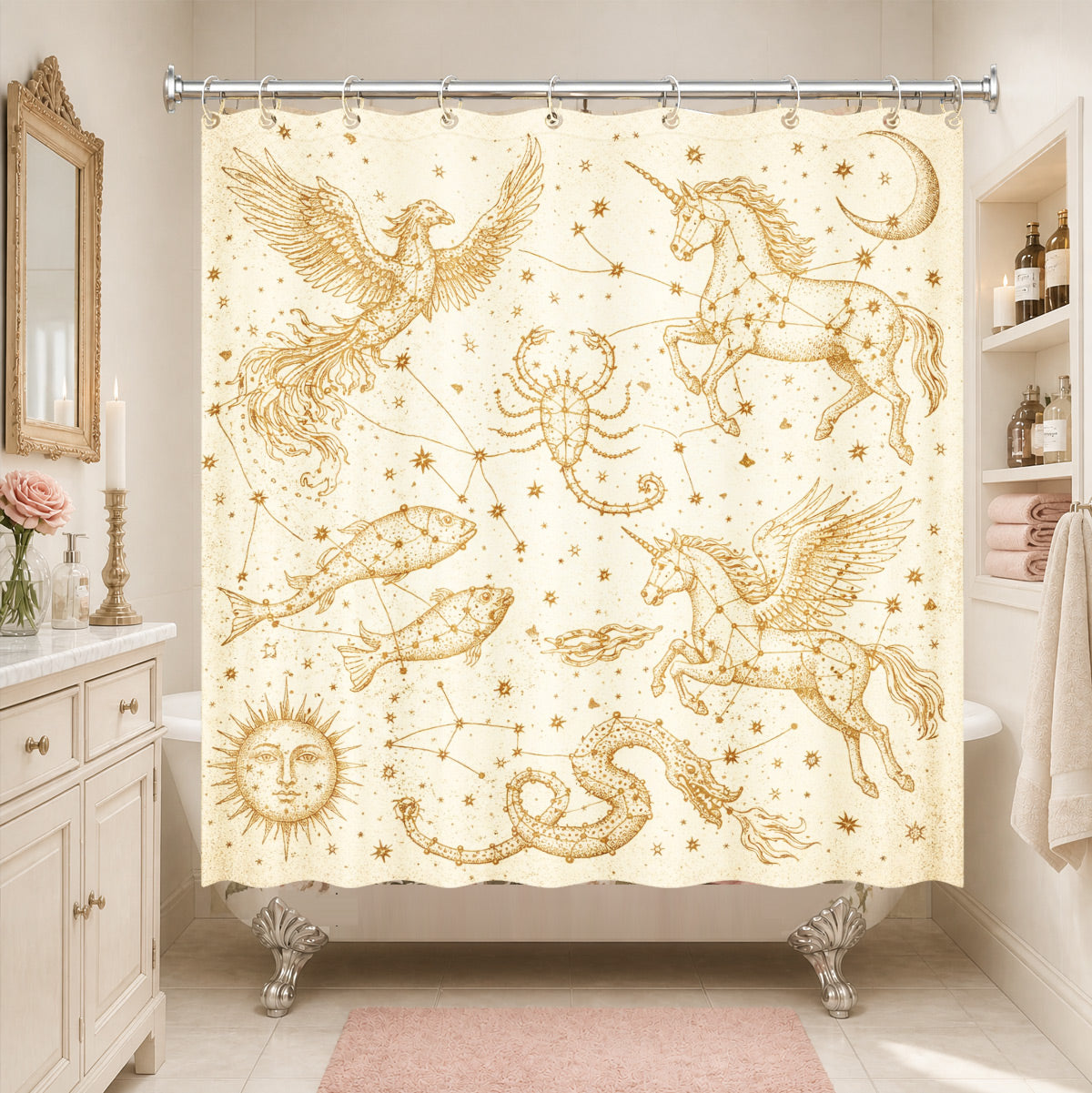 Vintage Space Whale Shower Curtain Etched Astrology Art Waterproof Bathroom Decor