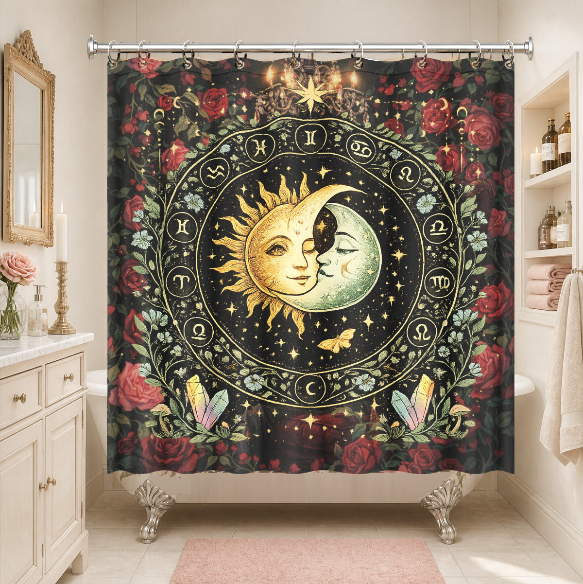 Mystical Nine Tailed Fox Shower Curtain Vintage Celestial Bath Decor