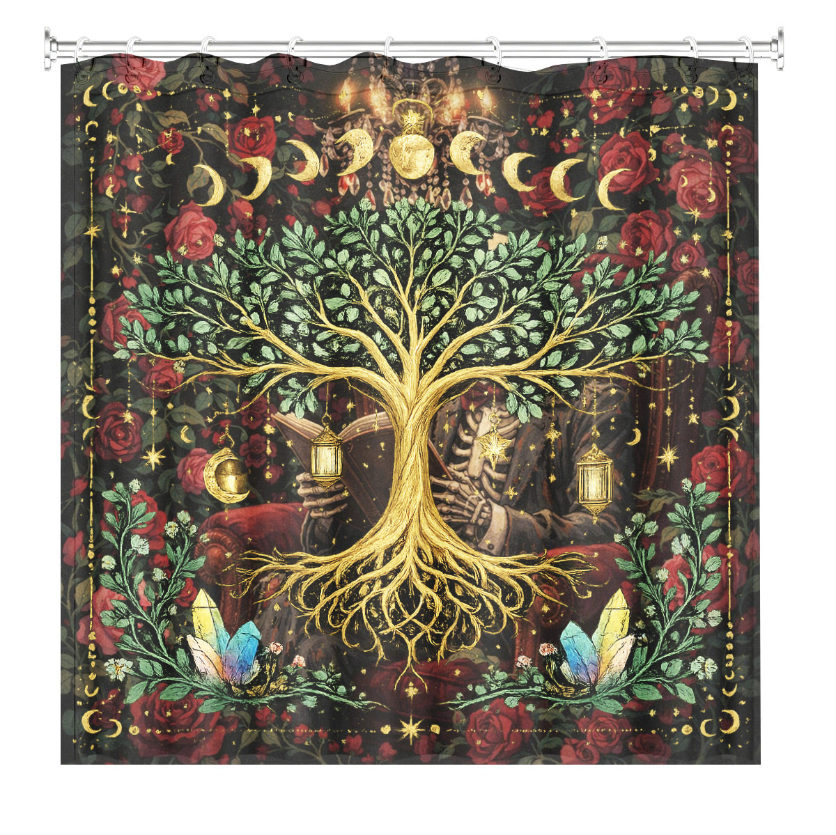 Mystical Nine Tailed Fox Shower Curtain Vintage Celestial Bath Decor