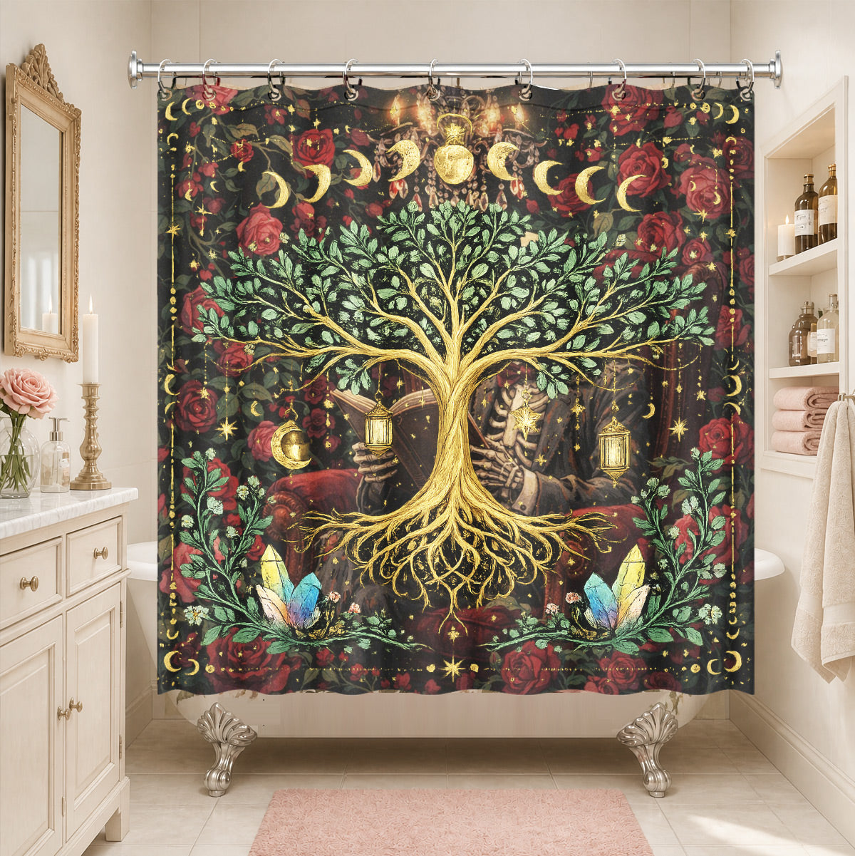 Mystical Nine Tailed Fox Shower Curtain Vintage Celestial Bath Decor