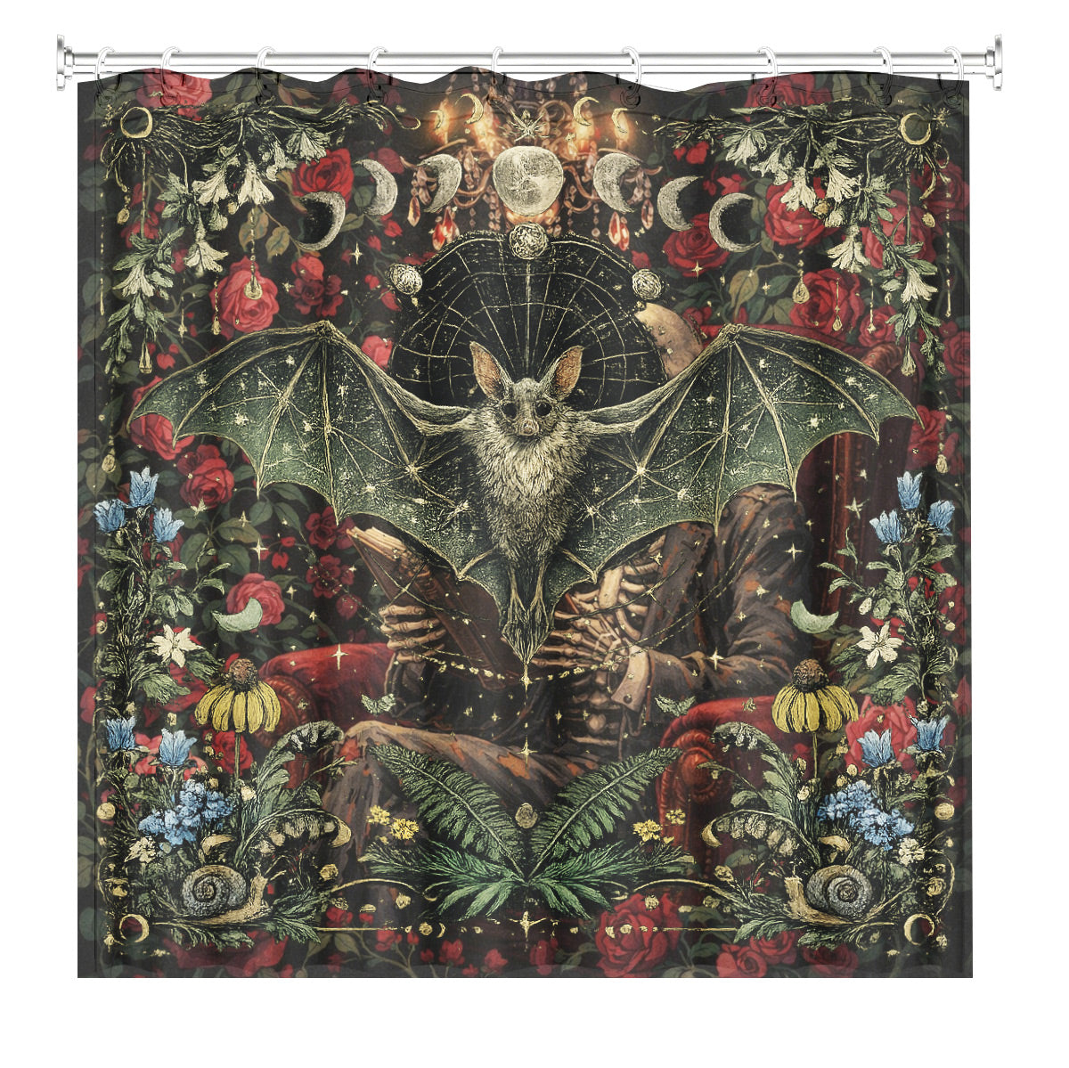 Mystical Nine Tailed Fox Shower Curtain Vintage Celestial Bath Decor