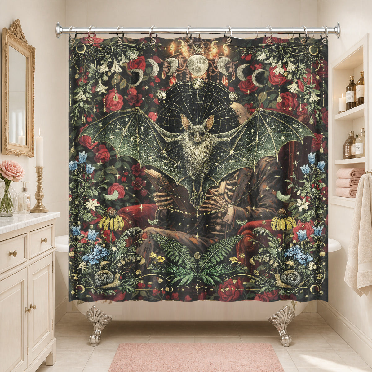 Mystical Nine Tailed Fox Shower Curtain Vintage Celestial Bath Decor